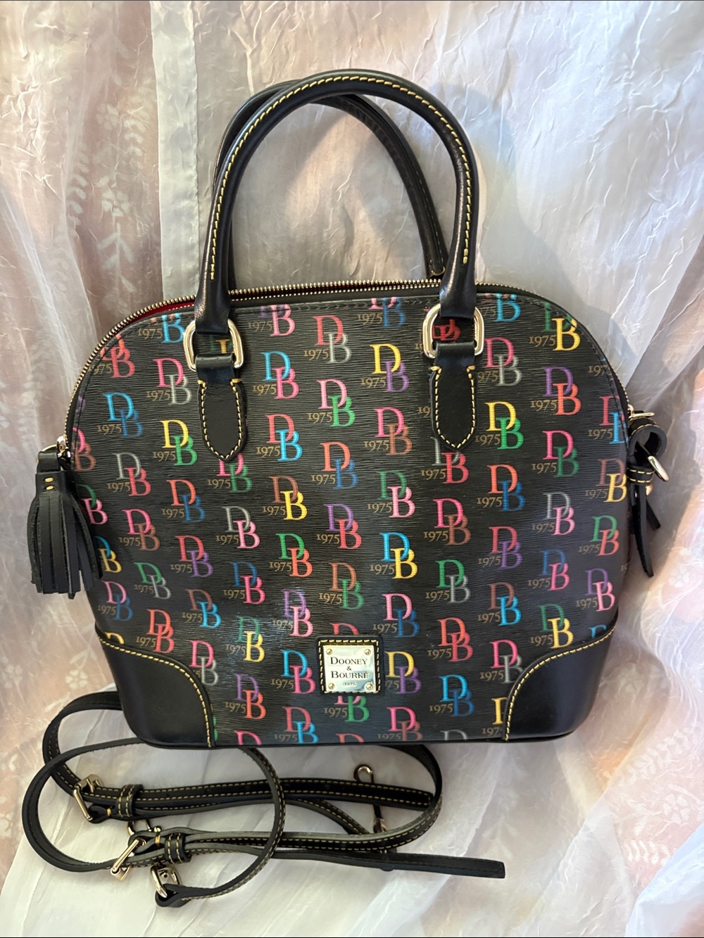 Dooney & Bourke Black Multicolor Logo Dome Satchel with Tassel Accent